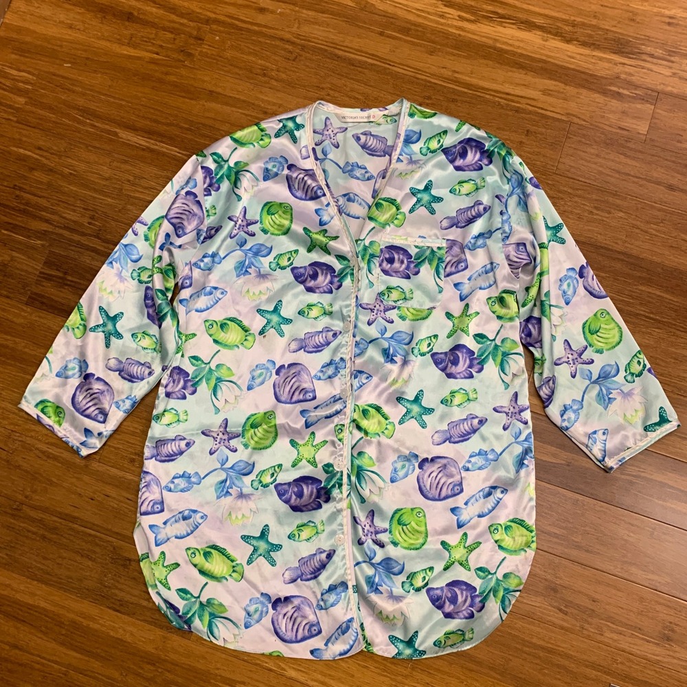 Victorias Secret Satin Sleep Shirt Womens XS Fish Starfish‎ Button Down Pajama